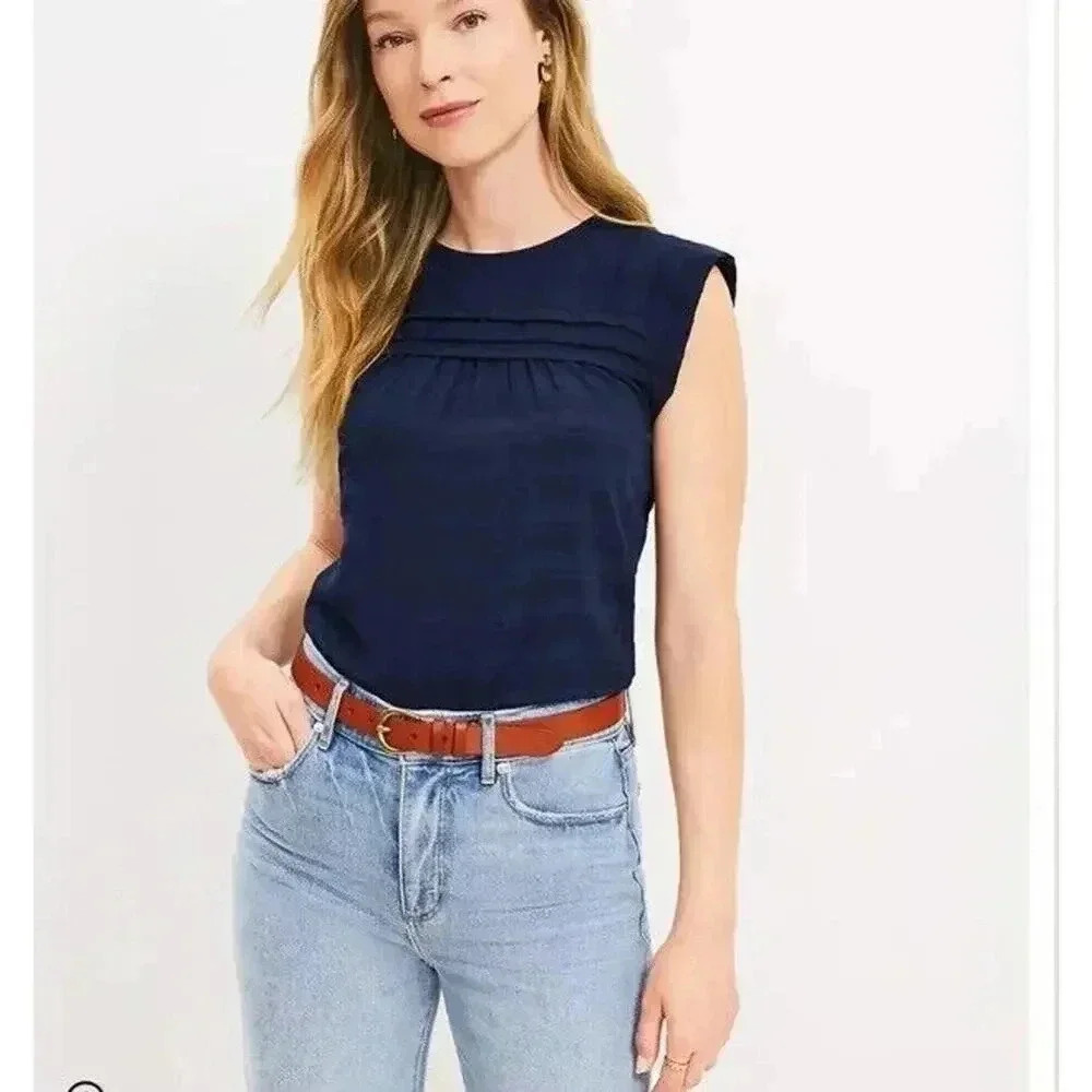 Loft Women’s Navy Plaid Texture Pleated Yoke‎ Ruffle Sleeve Tank Top Size Medium